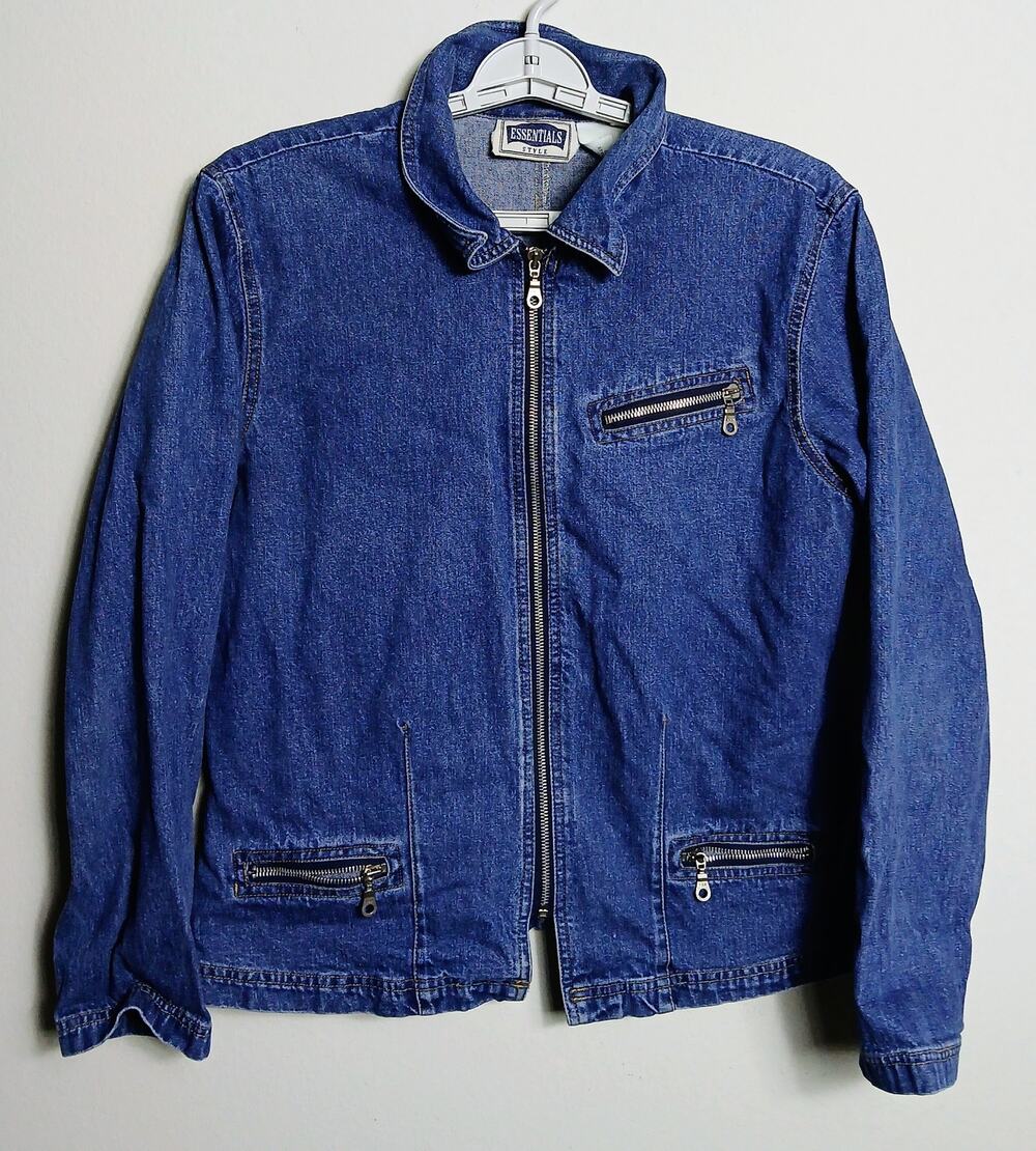 Vintage Essentials Style Womens Medium Blue Denim Full Zip Moto Trucker Jacket